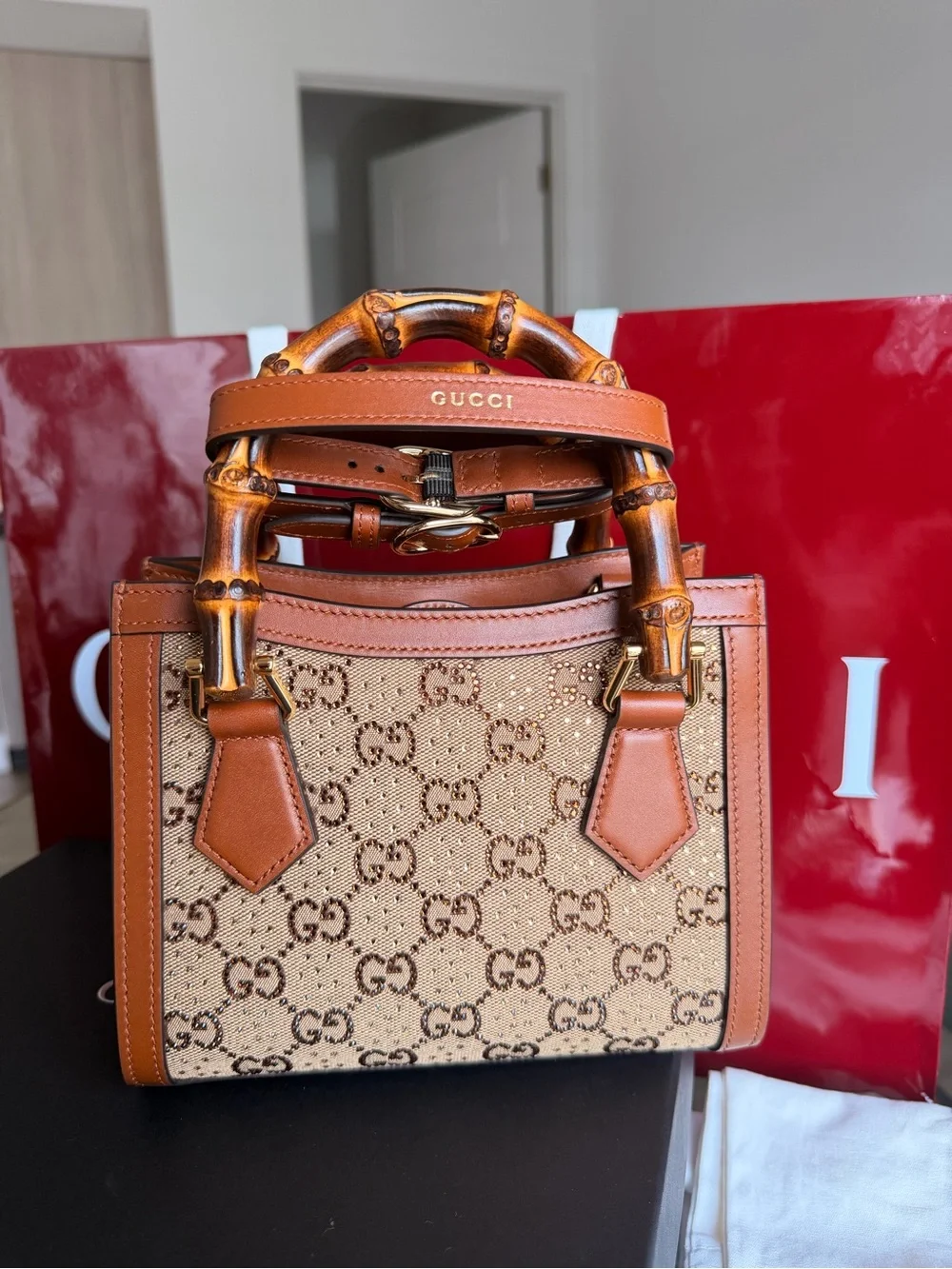 Gucci Tan & Beige GG Bamboo Handle Satchel